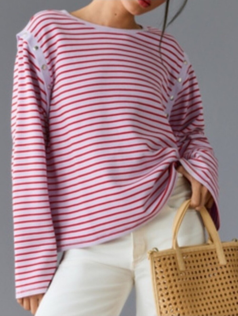 Anthropologie Pink and Red Striped Long-Sleeve Tee with Pearl Shoulder Buttons